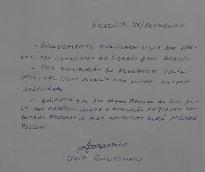 Uma carta manuscrita datada de Brasília, informando sobre a publicação de uma lista de pré-candidatos ao Senado, mencionando apoio a Marcos Pollon.